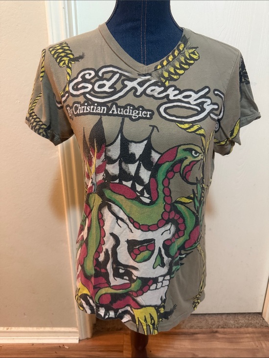 Ed Hardy Other - Ed Hardy Olive V-Neck Tee with Green & Pink Snake Skull Graphic
